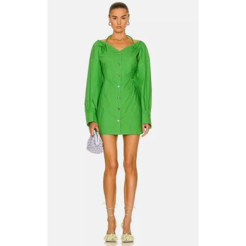Nanushka Womens Alyssa Halter Tie Long Sleeve Bright Green Poplin Mini Dress XS
